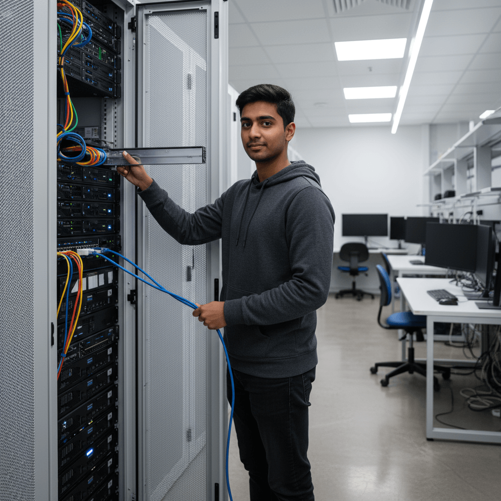 An IT professional working on a server rack